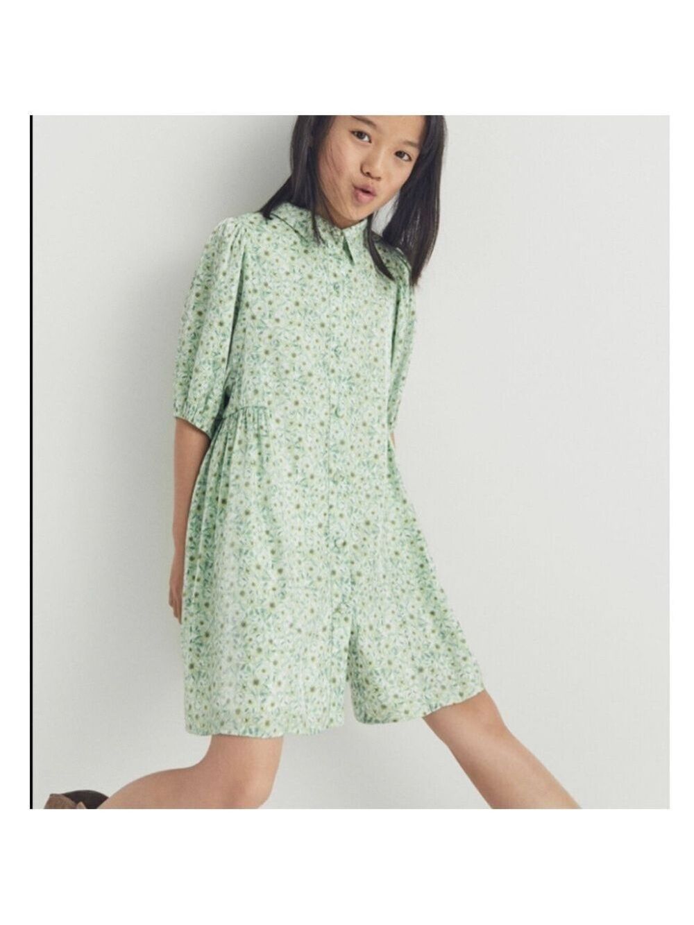 ZARA FLORAL SUMMER DRESS LINED SILKY PUFF SLEEVED SHIRT DRESS GREEN  SIZE 6